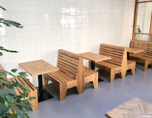 Benches and wooden-glass-walls | Benches & Ottomans by Mischa van der Wekke Vormmaker | Man met bril koffie in Rotterdam