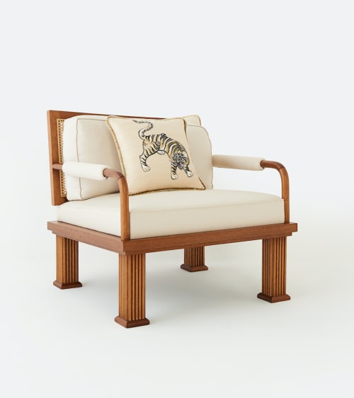 Rattan Detailed Walnut Lounge Armchair | Chairs by ALPAQ STUDIO