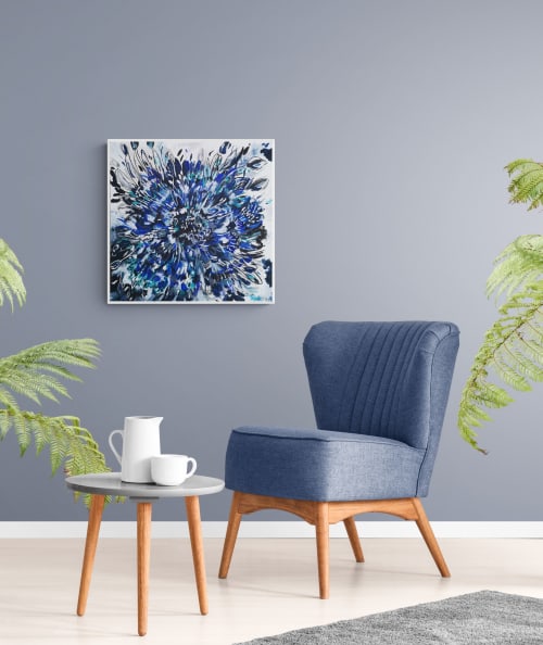 Blue Cornflower Burst Abstract Floral Canvas Painting | Prints by Judy Century Art