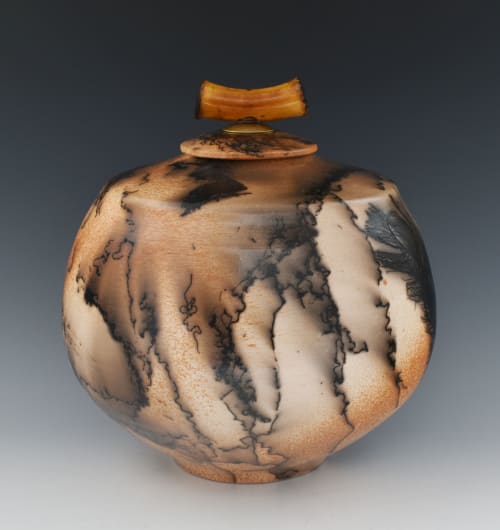 Stoneware hoursehair raku fired vessel urn HH433 | Vases & Vessels by Ron Mello Studio Art