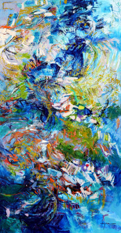 Immersion I Blue & White Abstract Oil Painting, 72" x 38" | Oil And Acrylic Painting in Paintings by Dorothy Fagan Fine Art: Joy's Garden