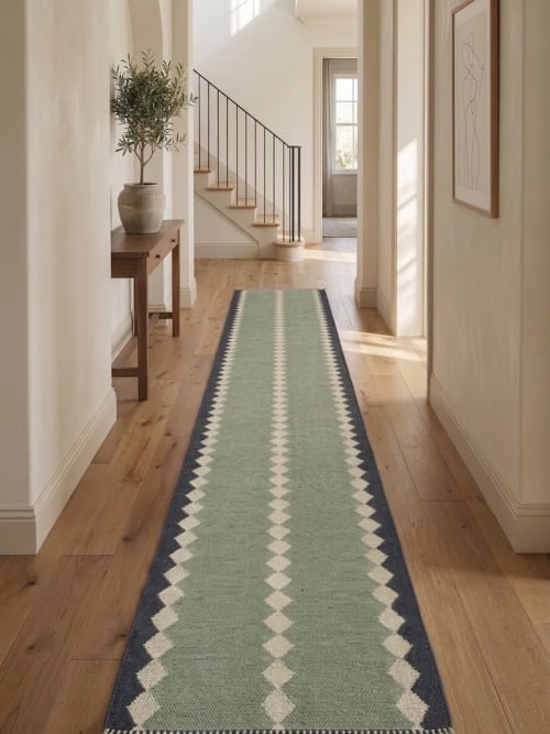 Handwoven Woolen Green Runner Rug | Rugs by Evergreen Carpets
