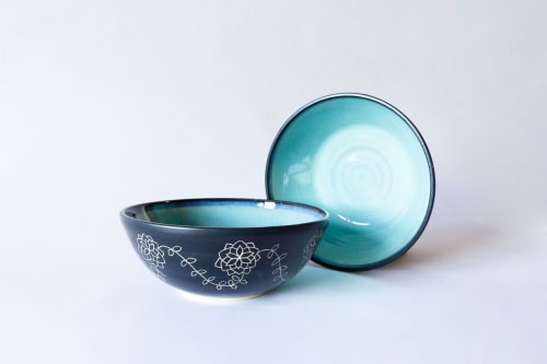 Turquoise & Black Deep Serving Bowl With Hand Carved Design | Serveware by Tina Fossella Pottery