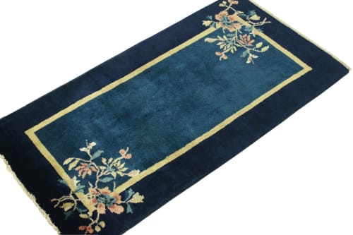 Vintage Chinese Deco style rug in Deep Blue, Gold & Pastel | Rugs by Rug and Kilim