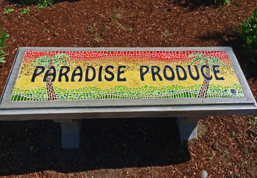 Seat in Paradise - inlaid glass mosaic concrete bench | Public Mosaics by Rochelle Rose Schueler - Wild Rose Artworks LLC | Paradise Produce in Bend