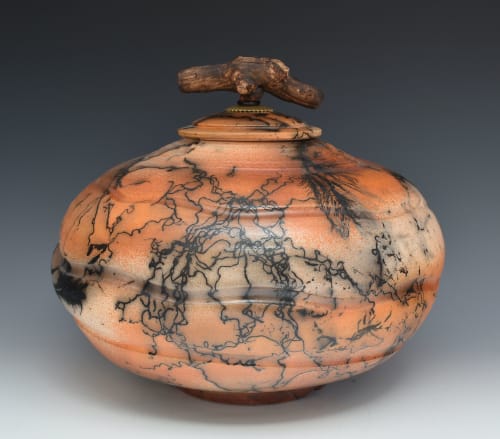 stonerware horsehair raku fired urn vessel HH316 | Vases & Vessels by Ron Mello Studio Art
