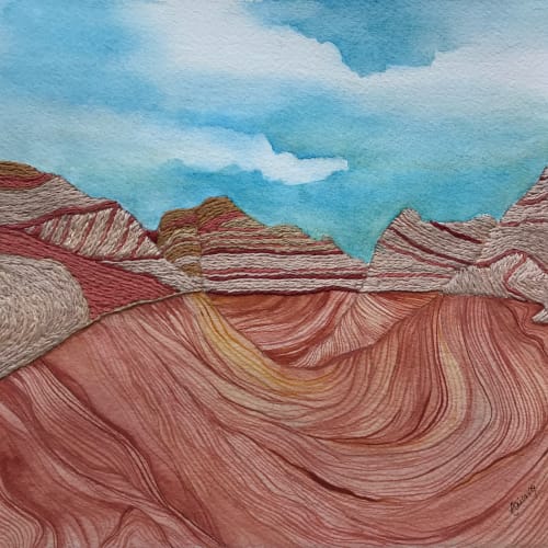 The Wave - Embroidered watercolor | Watercolor Painting in Paintings by Laila Vazquez
