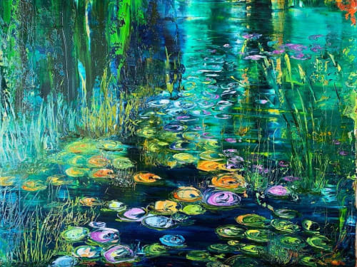 Moonlight Water Lilies | Oil And Acrylic Painting in Paintings by Checa Art