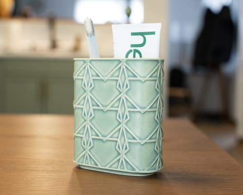 Patterned Tooth Brush Holder with Matte Jade Green Glaze | Vases & Vessels by M.L. Pots