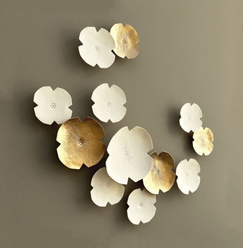 Original Ceramic 3D wall art set of 12 porcelain flowers | Wall Hangings by Elizabeth Prince Ceramics