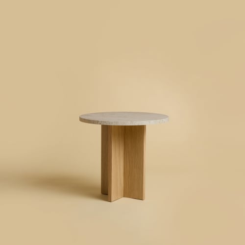 Round Side Table in Travertine and Oak - SHERMAN by Lebanto | Tables by Lebanto