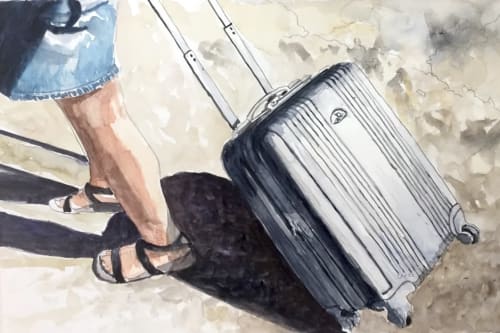 Pulling Suitcase, 2017, 11 x 15 inches, watercolor | Paintings by Arran Harvey | Arran Harvey Studio in San Francisco