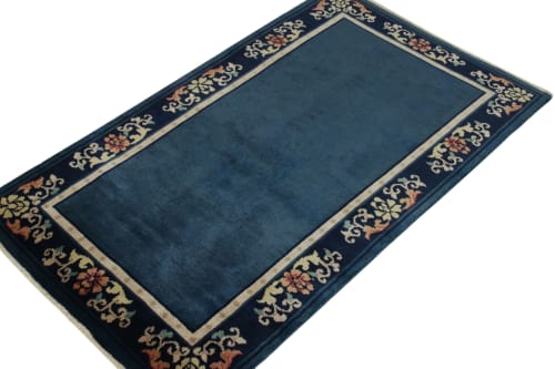 Vintage Chinese Deco style rug in Deep Blue, Navy Border | Rugs by Rug a