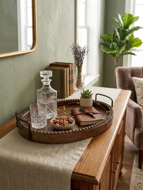 Handcrafted Oval Beaded Wooden Serving Tray | Decorative Tray in Decorative Objects by Famous Art Group Of Industries