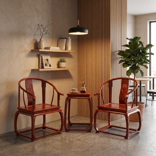 Royal Crimson Flamewood Ming Horseshoe Chair Trio Set | Armchair in Chairs by Dynasty Artisan