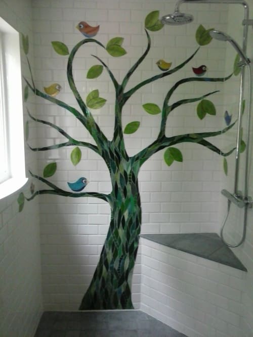 Tree With Birds Shower Wall | Mosaic in Art & Wall Decor by JK Mosaic, LLC