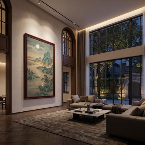 Hand-Painted Silk Moonlight River Landscape Scroll Wall Art | Oil And Acrylic Painting in Paintings by Dynasty Artisan