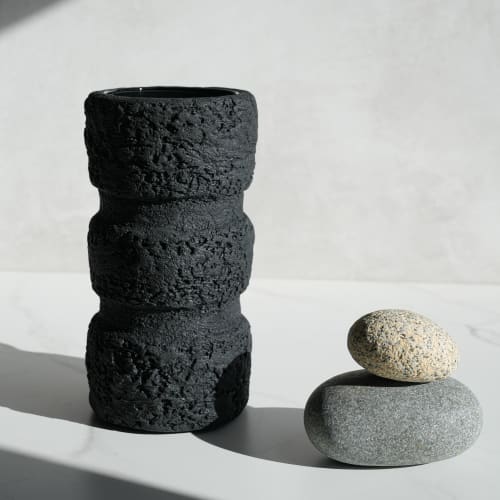 Sculptural Cylinder Vase in Textured Carbon Black Concrete | Vases & Vessels by Carolyn Powers Designs