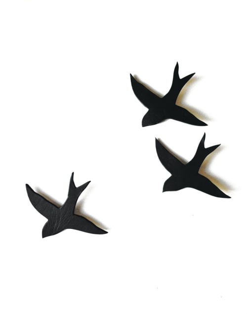 Set Of 3 Black Porcelain Swallows | Wall Sculpture in Wall Hangings by Elizabeth Prince Ceramics