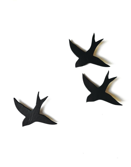 Set Of 3 Black Porcelain Swallows | Wall Hangings by Elizabeth Prince Ceramics