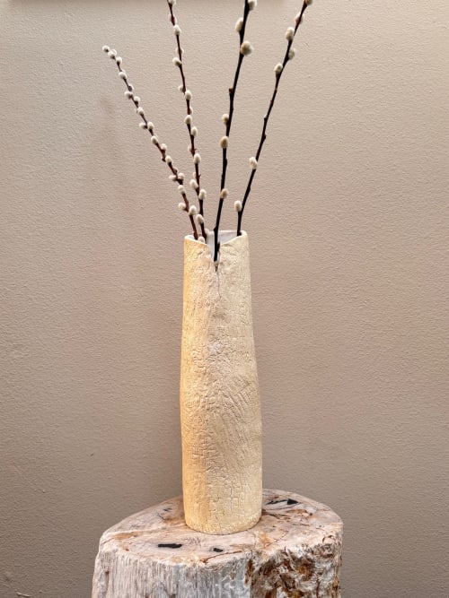 Ceramic Distressed Textured Off White Vase | Vases & Vessels by Elena Miller