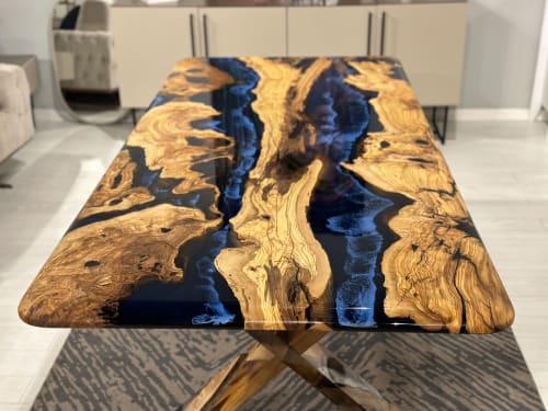 Olive Epoxy Table - Custom Blue Resin Dining Wood Table | Dining Table in Tables by Tinella Collection
