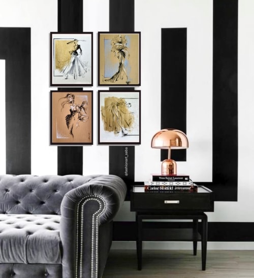 "Girl with pearls" 2  Original Fashion Illustration on paper | Drawings by Marina Saba Fine Art