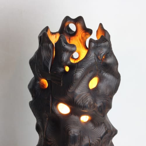 Volcano Table Lamp — Yakisugi Wood & Marble | Lamps by Gabor Gobi