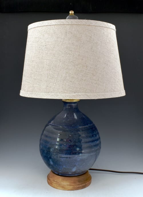 Table Lamp 76 terra cotta,  blue glaze. | Lamps by Ron Mello Studio Art