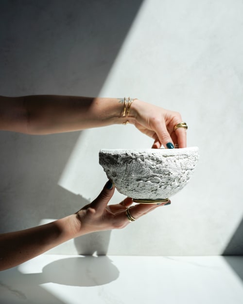 Large Treasure Bowl in Textured White Concrete with Brass | Decorative Objects by Carolyn Powers Designs