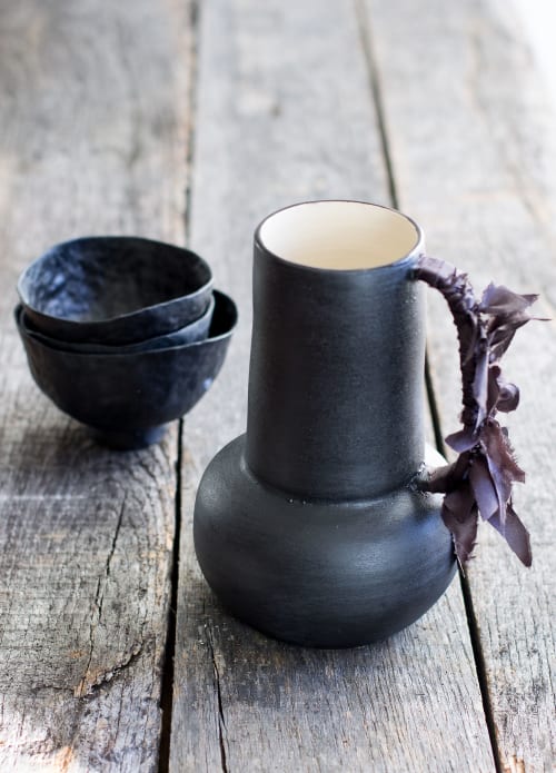 Black Bottle & Vintage Silk | Vases & Vessels by Cóte García Ceramics | Private Residence in Brooklyn