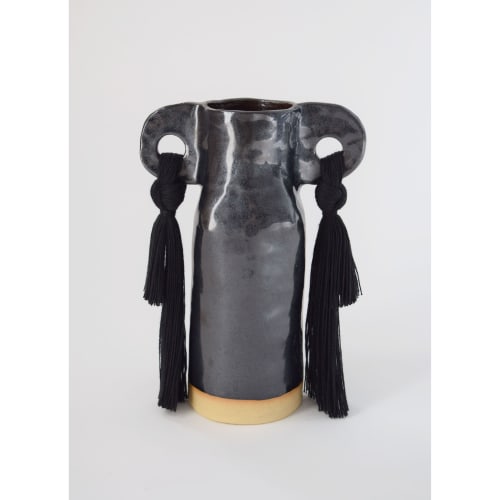 Handmade Ceramic Vase #606 in Black Glaze with Cotton Fringe | Vases & Vessels by Karen Gayle Tinney