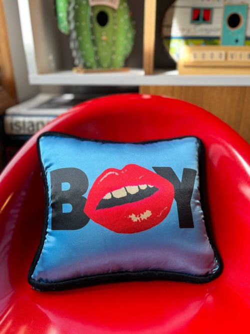 blue satin EMBRASSE lips BOY pillow | Pillows by Mommani Threads
