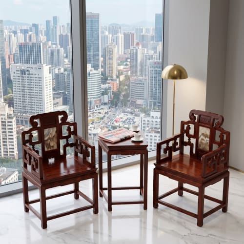 Legacy Taishi Armchair Trio Set with Marble Landscape Inlay | Chairs by Dynasty Artisan