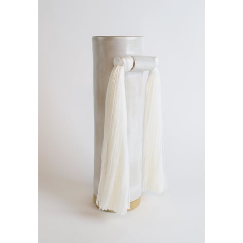 Handmade Ceramic Vase #531 in White with Tencel Fringe | Vases & Vessels by Karen Gayle Tinney