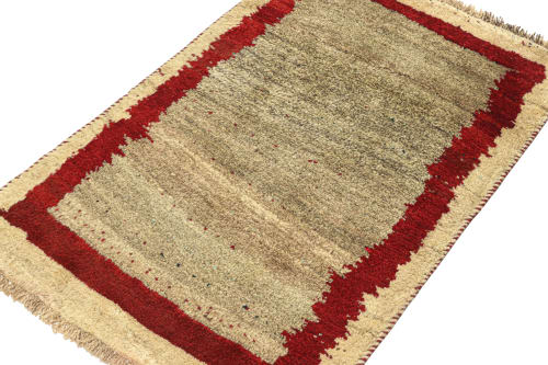 Vintage Gabbeh Tribal Rug in Beige-Brown Open Field with Red | Rugs by Rug and Kilim