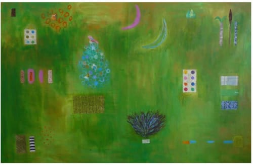 Composition in Green Gold with Blue Cone | Oil And Acrylic Painting in Paintings by Pam (Pamela) Smilow