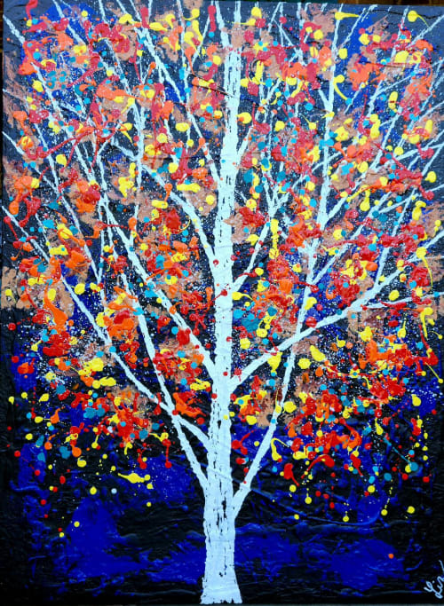 Festive tree textured mixed media abstract | Paintings by Liz Johnston