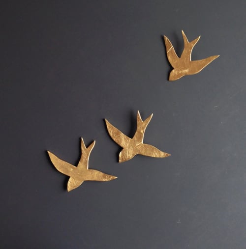 3 Gold Porcelain Ceramic Wall Art Swallows | Wall Sculpture in Wall Hangings by Elizabeth Prince Ceramics