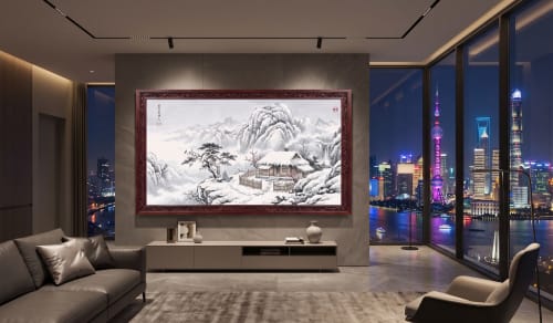 Snowy Night Return: Hand-Painted Shanshui Art on Silk/Xuan | Oil And Acrylic Painting in Paintings by Dynasty Artisan