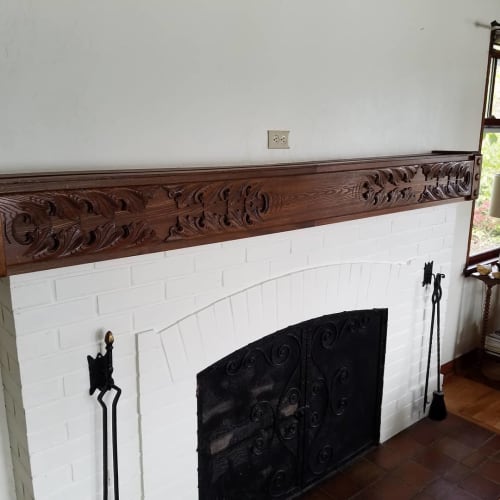 Upcycled Bedframe Fireplace Mantel | Fireplaces by Bainbridge Island Woodworks