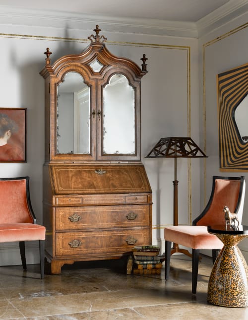 Queen Anne Walnut Bureau with Chinoiserie Interior & Mirrored Doors | Furniture by Jonathan Charles Fine Furniture