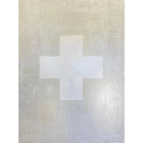 Minimalist Swiss Cross White Parchment Painting | Oil And Acrylic Painting in Paintings by Jennifer Solt Fine Art