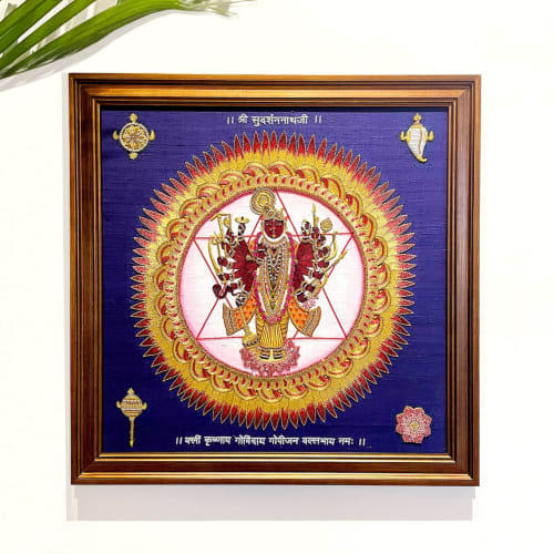 Shree Sudarshan Swaroop Shrinathji Kavach Yantra Chakra Artw | Embroidery in Wall Hangings by MagicSimSim