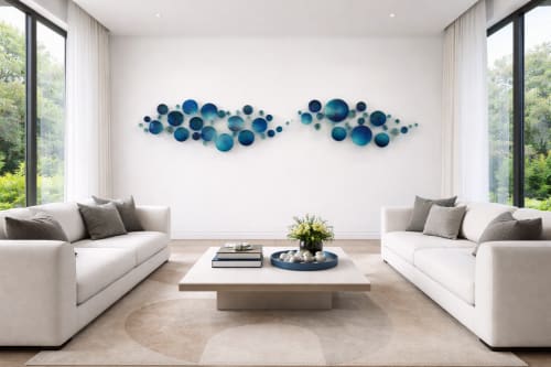 Blue cascade of circular epoxy resin sculpturar element | Mixed Media by Wall Art Object by Betti Brillembourg