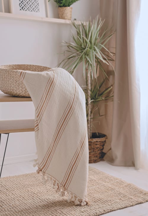 Mustard Striped Cream Cotton Throw Blanket & Bedspread | Linens & Bedding by Lumina Design
