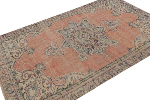 Vintage Turkish Rug in Salmon Red with Floral Medallion | Area Rug in Rugs by Rug and Kilim