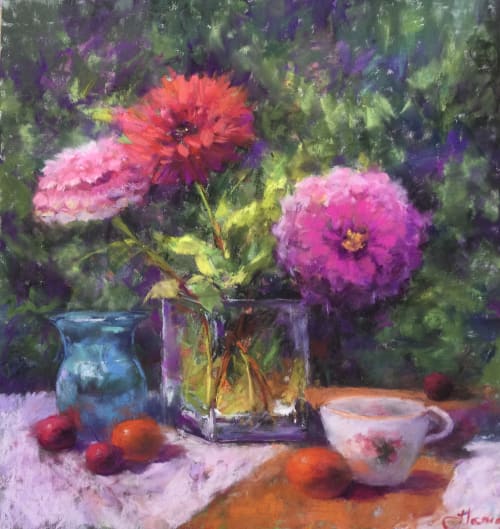 Still life with zinnias and fruit | Paintings by Julia Lesnichy Art