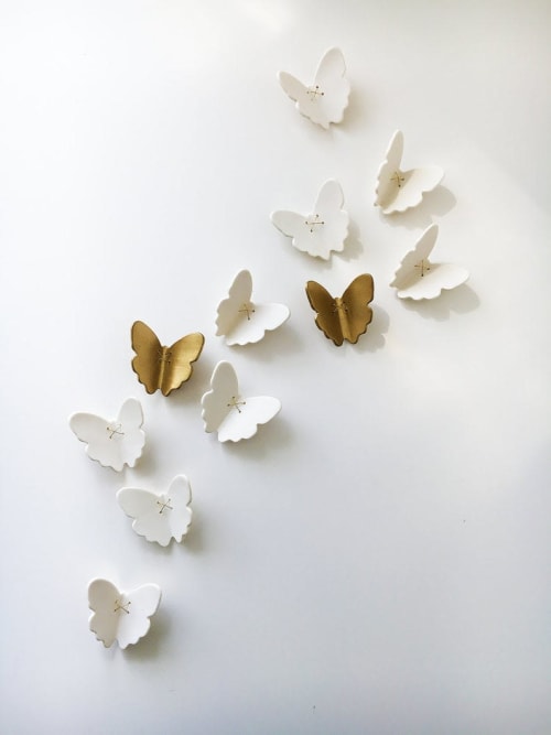 Set of 11 Gold & White Porcelain Ceramic Butterflies | Wall Sculpture in Wall Hangings by Elizabeth Prince Ceramics