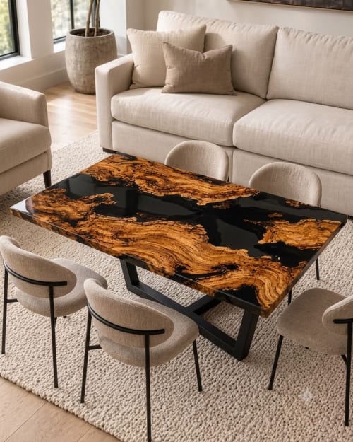Luxury Black Epoxy Resin Dining Table | Live Edge Wood & Bla | Tables by SK EPOXY CRAFT